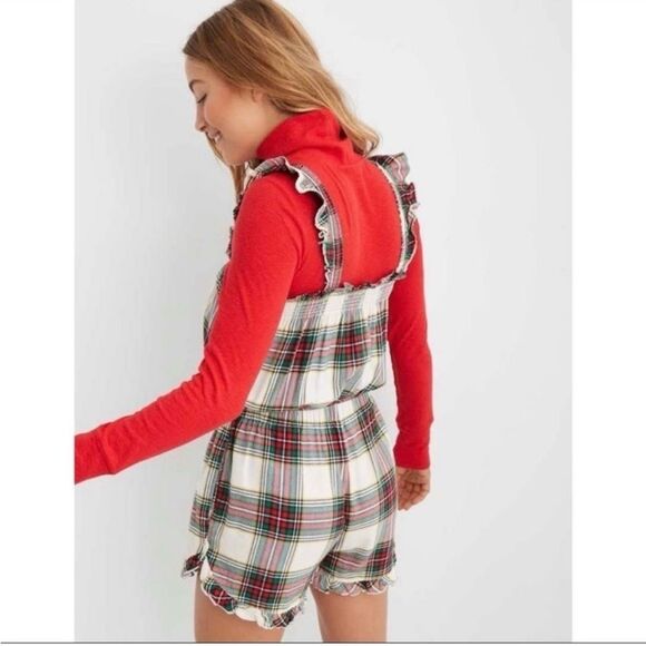 aerie womens plaid ruffle flannel romper pajama size small - Picture 5 of 5